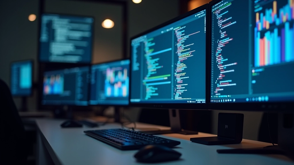 Developer workspace with multiple screens showing code editors and technical documentation
