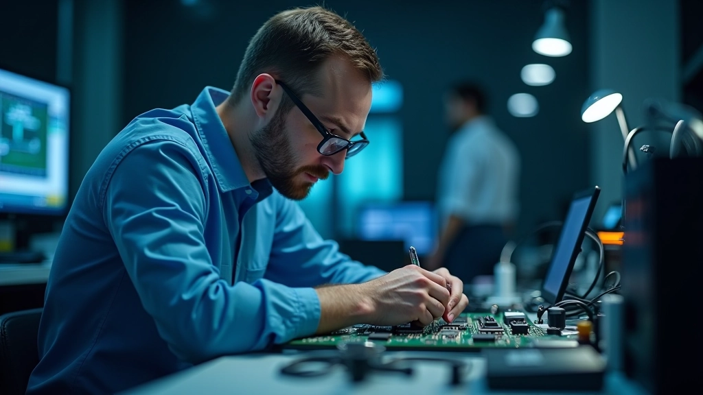 Engineer examining edge device with thermal imaging camera showing heat distribution across processor and components
